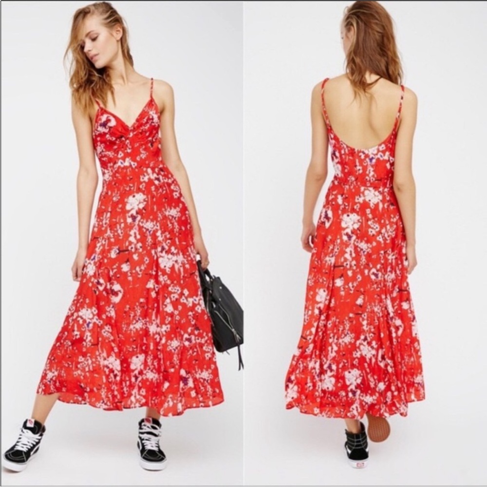 C Free People x Lily and Lionel Red Floral Strap Maxi Women’s Dress XS NWOT